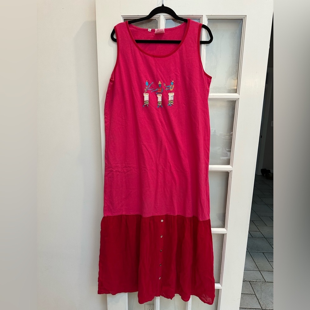 Vintage Johnny Was 90’s Red Pink T-Shirt Maxi Dress Resort Vacation Beach Size L